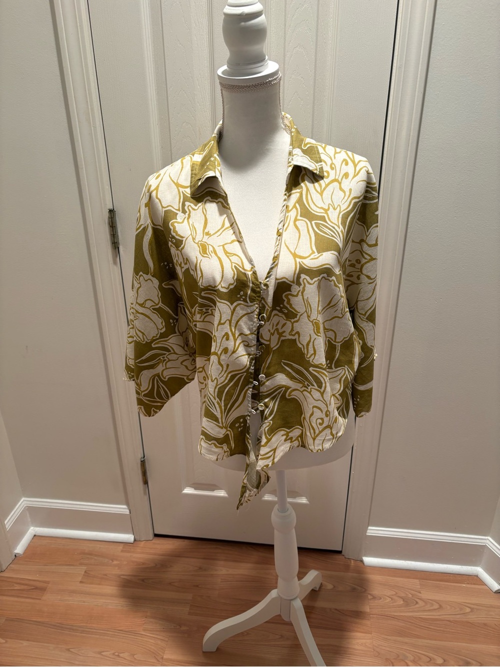 Christian Siriano Olive Green and White Floral Button-Down Blouse